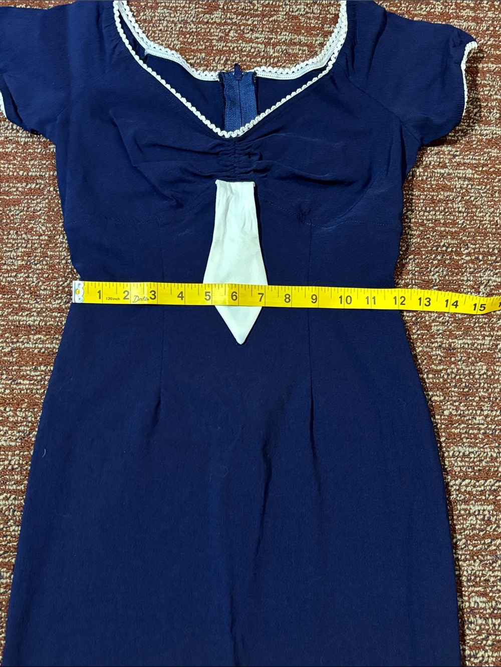 Vintage style fitted stretch navy blue sailor dress eyelet trim tie detail Med - Picture 14 of 16